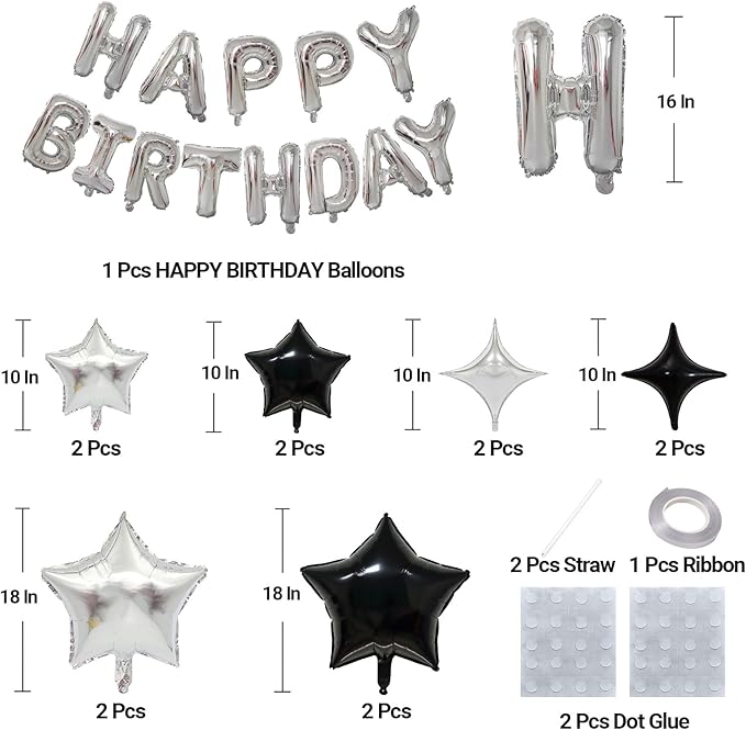KALOR Silver and Black Happy Birthday Balloons Kit with 16 Inch Mylar Foil Letters Balloon and Star Balloons for Birthday Party Decorations Photo Booth Backdrop
