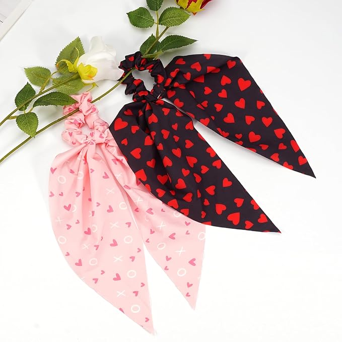Valentines Hair Ties for Woman Girls Red Heart XOXO Ribbon Valentine's Day Hair Scrunchies Elastic Pink Love Hair Tie Party Supplies Hair Accessories 2PCS