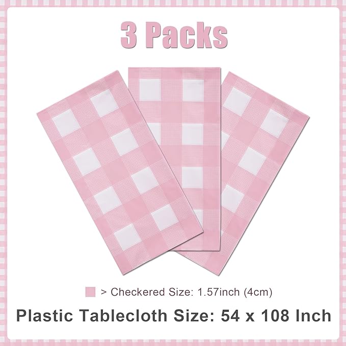 3 Packs Pink Checkered Tablecloth 54 x 108 Inch Disposable Picnic Table Cloths Waterproof Rectangular Plaid Tablecloth for Birthday Carnivals Parties