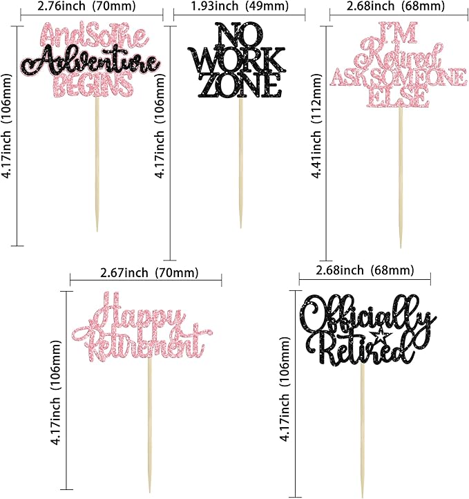 Gyufise 30Pcs Happy Retirement Cupcake Toppers Officially Retired Cake Toppers No Work Zone Adventure Begins Cupcake Picks for Retirement Theme Farewell Birthday Party Decorations Supplies Pink Black