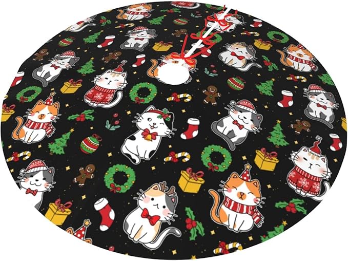 Funny Cats Christmas Tree Skirt, 30 Inch Xmas Tree Mat for Holiday Party Home Decor Indoor Outdoor Use with Adorable Cat Designs 36"