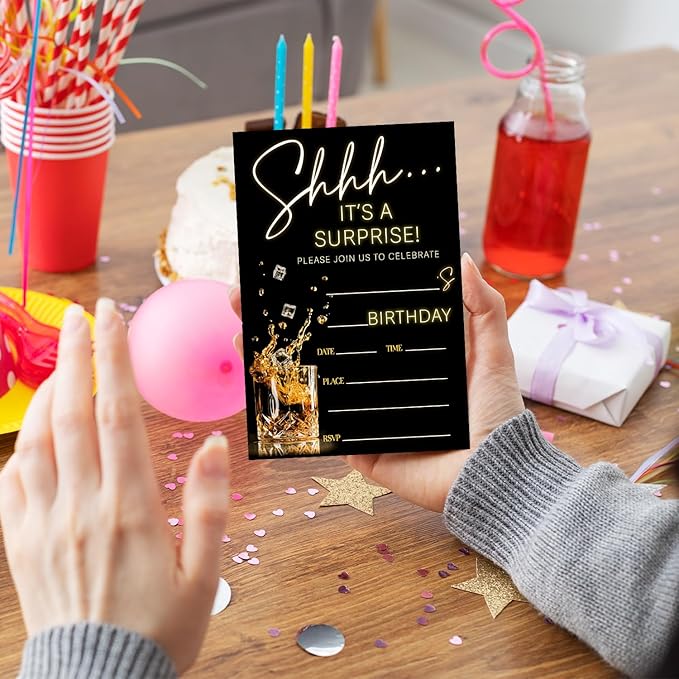 Shhh It's A Surprise Birthday Party Invitation Cards for Adults Women Men, Black Gold Birthday Celebration Party Invite Cards Supplies, 20 Double-Sided Fill In Invites With Envelopes -15