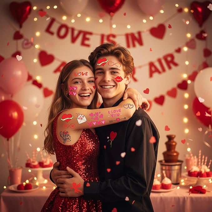 Valentine Temporary Tattoos Valentine Decorations Party Favors Love Kiss Heart Rose Lips Rose Party Supplies Accessories Gift Idea For Couple Stickers Décor Kids Boy Girls Teens Adult