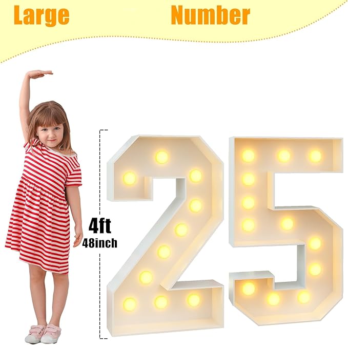 4ft Light Up Numbers 25 Number with Lights Bulbs White Marquee Frame Slots-in for 25th Birthday Party Decorations Pre-Cut Mosaic Cardboard Large Cut-Out Thick Foam Board 25 Sign Graduation New Year