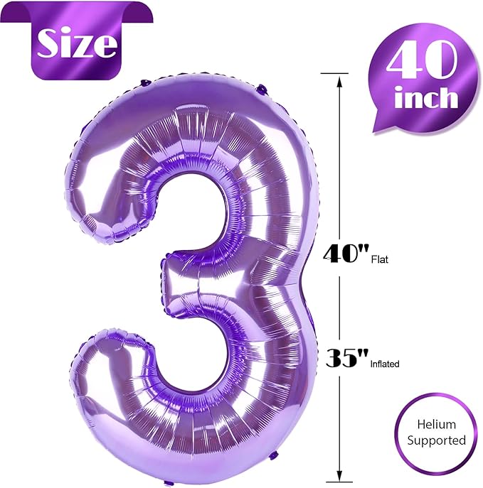 Purple Number 3 Balloon 40 Inch, 3 Balloon Number, 3rd Birthday Decorations, Purple Party Supplies for Boys Girls