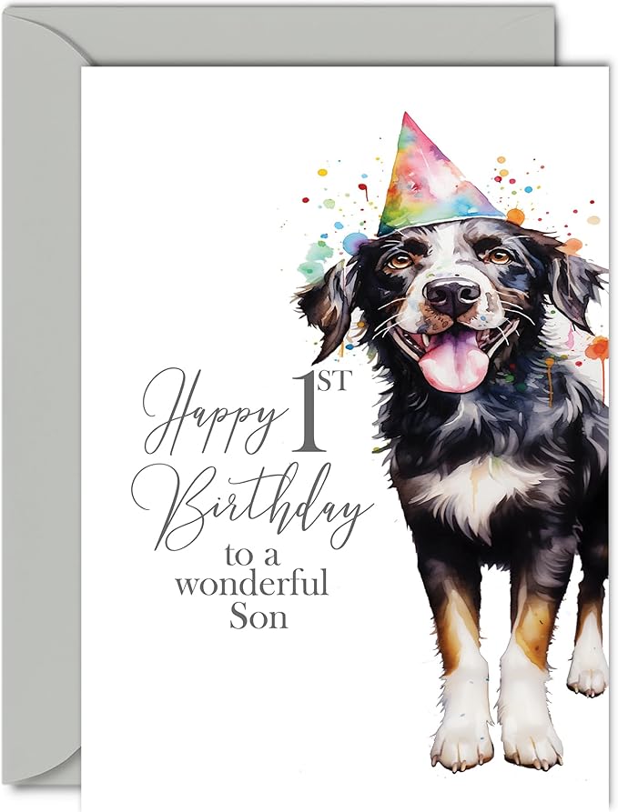 1st Birthday Cards for Son - Party Dog - Happy Birthday Card for 1 Year Old Son from Mum Dad, 5x7 Inch Bday Boy Boys Kids Greeting Cards Gift for Son Birthday Gifts