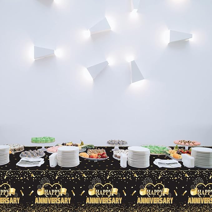 Tevxj 3 Pack Happy Anniversary Tablecloth Disposable Anniversary Party Decorations Black Gold Dot Confetti Table Covers Party Supplies for Rectangle Tables Favors for Guests 54 x 108 Inch