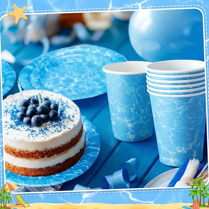 Ceenna 452 Pcs Ocean Waves Party Decorations for 50 Guest, Under The Sea Pool Paper Plates Napkins Cups Tablecloth Cutlery Straw for Summer Blue Ocean Water Beach Birthday Baby Shower Party Supplies