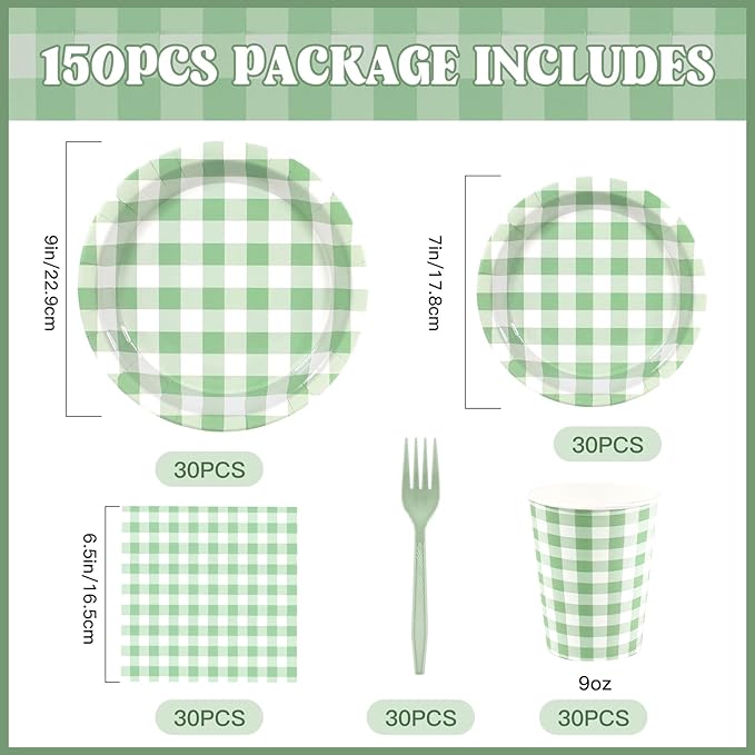 Green Gingham Disposable Party Tableware Set for 30 Guests – 9 & 7 Inch Paper Plates, Cups, Napkins and Forks, Green Checkered Paper Dinnerware for Birthday, Picnic, Baby Shower, Outdoor Gatherings