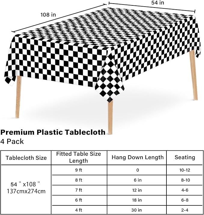 Mulbozy 4 Pcs Black and White Checkered Tablecloths, 54 × 108 Inches Black Checkered Flag Tablecover, Disposable Plastic Gingham Table Cover for Picnic, Truck, Race Car Birthday Party Supplies