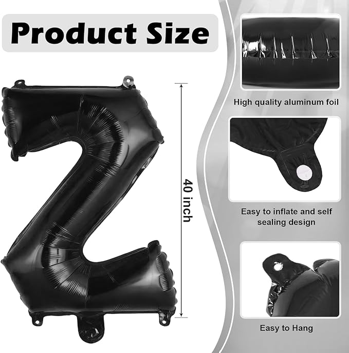 Black Letter Z Balloons, 40 Inch Large Foil Letter Balloons, Custom Phrase Balloon for Birthday Party Wedding Anniversary Decoration (Black Z)