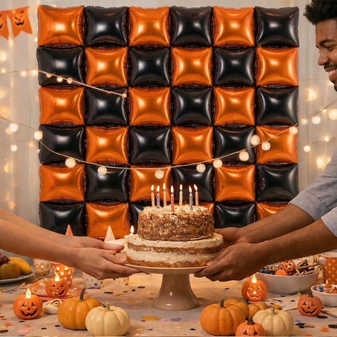 36PCS Square Foil Balloon Wall Backdrop,19 inch Double-Sided Metallic Balloons for Party,Wedding,Anniversary,Birthday,Graduation,Halloween,Shiny Balloon Decor (Orange&Black)
