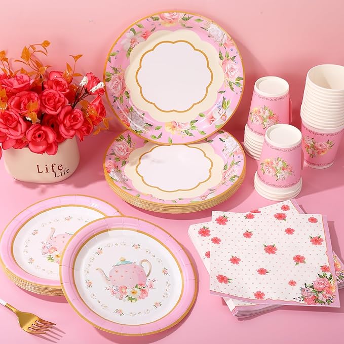 Whaline Pink Tea Party Tableware Supplies Serves 24 Pink Floral Tea Party Disposable Paper Dinnerware, 24 9" Plates 24 7" Saucer Plate 24 9oz Tea Cups with Handle 48 Luncheon Napkins