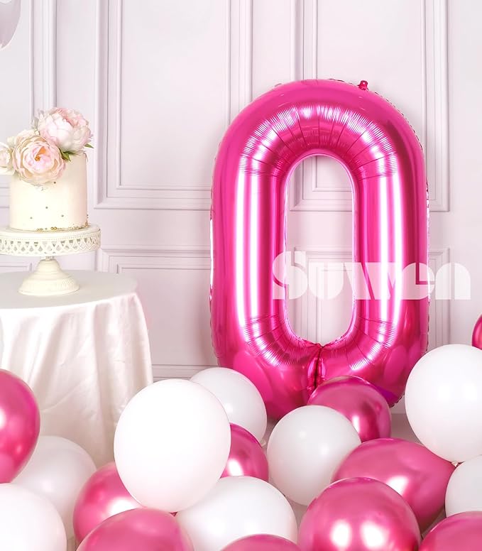 SUWEN 40 Inch Hot Pink Large 0 Balloon Numbers Big Foil Helium Number Balloons 0-9 Jumbo Happy 0th Mylar Birthday Party Decorations for Girl Anniversary Party Supplies