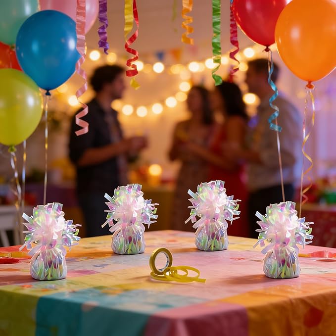 Aluminum Foil Balloon Weights for Parties (6 pcs) - 0.31lb (140g) Each - Premium Balloon Anchors for Birthday, Wedding, Dinner, Indoor & Outdoor Decorations(Lridescent 6pcs)