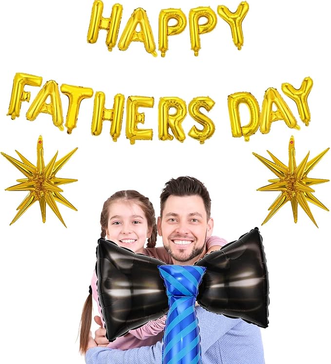 Gold Happy Fathers Day Balloons Foil Father's Day Balloons Tie Necktie Balloon Letter Bow Star Balloon for Happy Father's Day Themed Party Fathers Day Supplies Decorations Ballons Sets-19 PCS