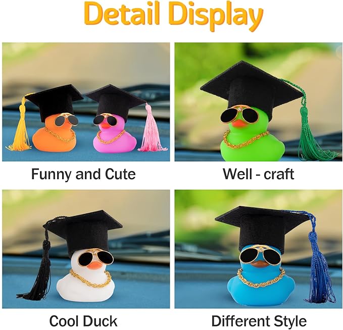 wonuu Car Dashboard Decor Graduation Hat Color Rubber Duck, Car Ducks Ornaments with Mini Graduation Hat Necklace Sunglasses (Blue)