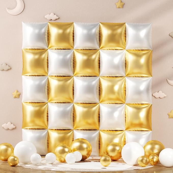 152Pcs Gold and White Foil Square Balloon Wall Backdrop with White and Gold Latex Balloons Arch Garland Kit, Double Sided Balloon Tunnel for Birthday Bridal Shower Baby Shower Anniversary Decorations