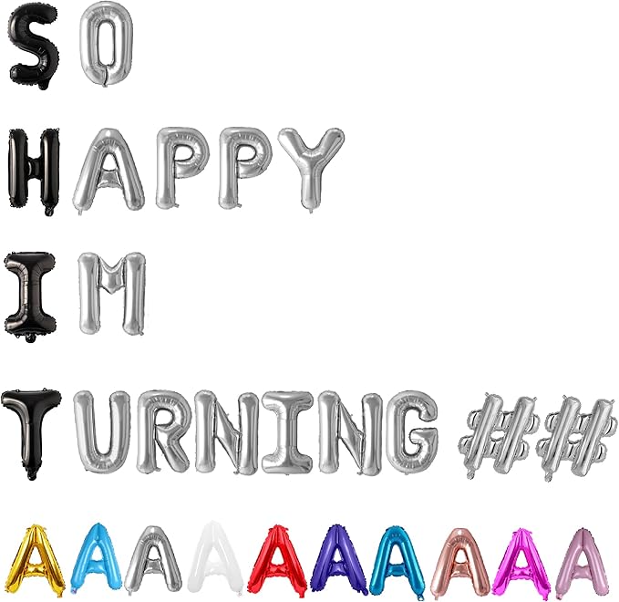 BALLOON VIBE So Happy IM Turning "2 Numbers" Letter Balloons Birthday Banner - 16” Alphabet & Number Foil Balloons for Happy Birthday Décor - Funny Birth Day Party Decorations for All Ages