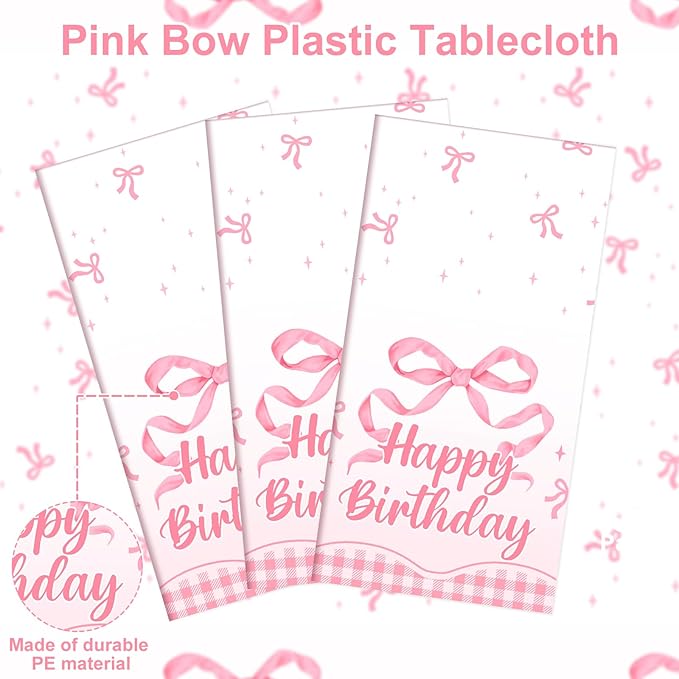 3 Pack Coquette Pink Bow Plastic Tablecloth, 54 X 108Inch Disposable Happy Birthday Table Cloth for Rectangle Tables Waterproof Table Cover for Girls Bridal Wedding Birthday Party