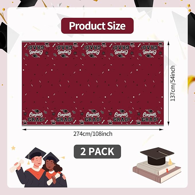 2-Piece 54 x 108 Inch Graduation Plastic Tablecloth – Graduation Disposable Rectangle Table Covers with “Congrats Grad” Design for Class of 2026 Party, School and Home Decorations