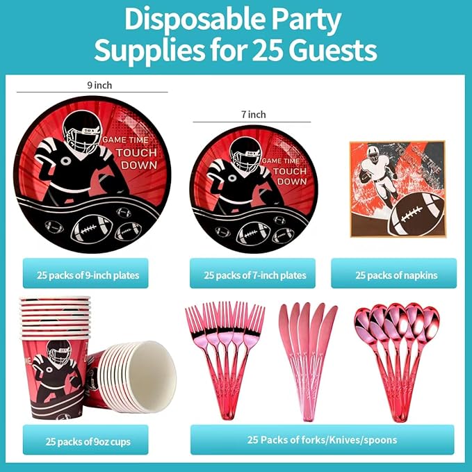 175 Piece Rugby Themed Disposable Plate and Napkin Set, Rugby Party Supplies Tableware Set, Sports Birthday Decorations, Children's Party Supplies (25 Guests)