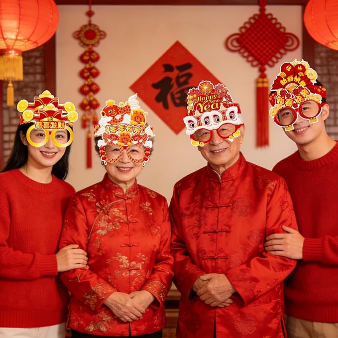 YVAINE 24pcs Chinese New Year Photo Props Party Supplies, 2026 Lunar New Year Crown Hats and Paper Eyeglasses for Year of The Horse 2026 Spring Festival Party Supplies
