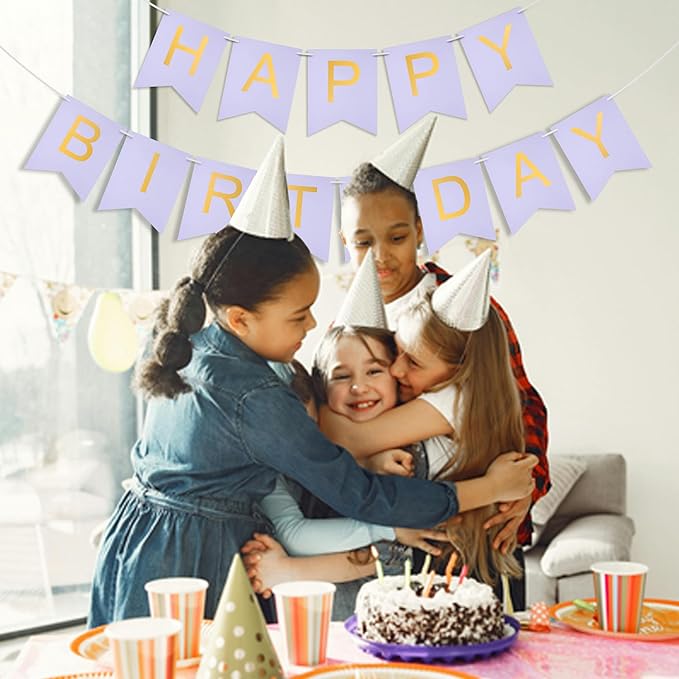 lavender Happy Birthday Banner Purple - Hanging Backdrop Sign with Gold Letters, Happy Birthday Sign Bunting Decorations for Women men Kids Baby Shower Party Supplies (13pcs)