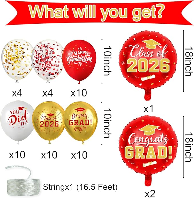 Red and Gold Graduation Balloons Graduation Decorations 2026, 51Pcs Grad Latex Balloons and Grad Foil Balloon with Confetti Ribbons Grad Party Decorations for College High School