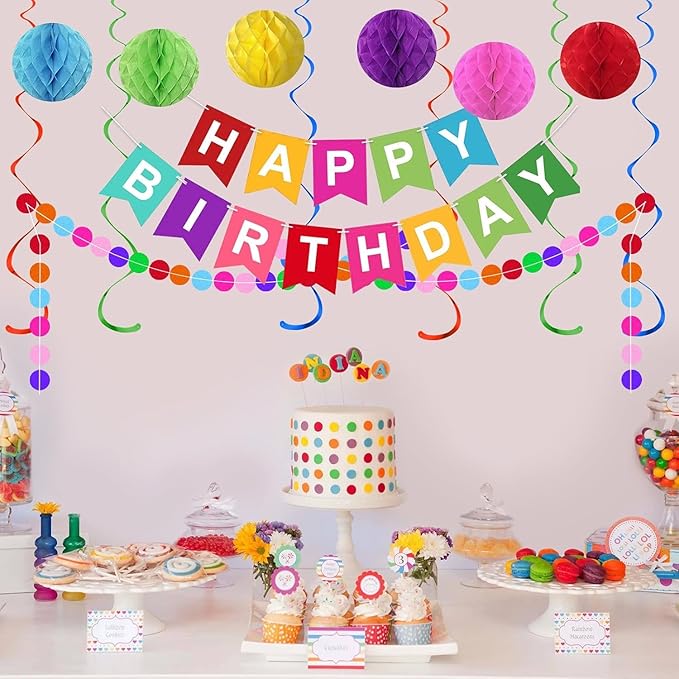Happy Birthday Banner, Rainbow Birthday Banner, 6 Honeycomb Balls, 8 Metallic Hanging Swirls and Circle Parper Garland, Happy Birthday Decorations for Girls Women men Party Decorations