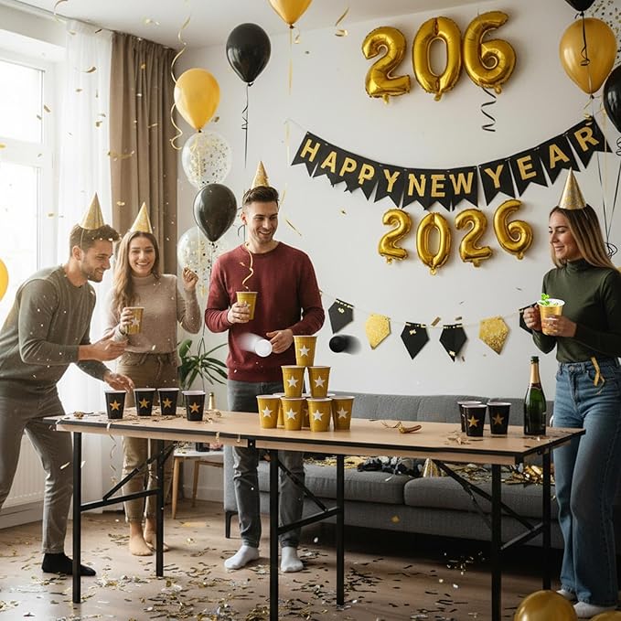 32 Pcs 2026 Graduation Party Star Game Set Include 16oz Black Gold Plastic Cups with 8 Balls, Plastic Cups for Graduation Party Decor Juice Beverage Outdoor Toss Game Supplies