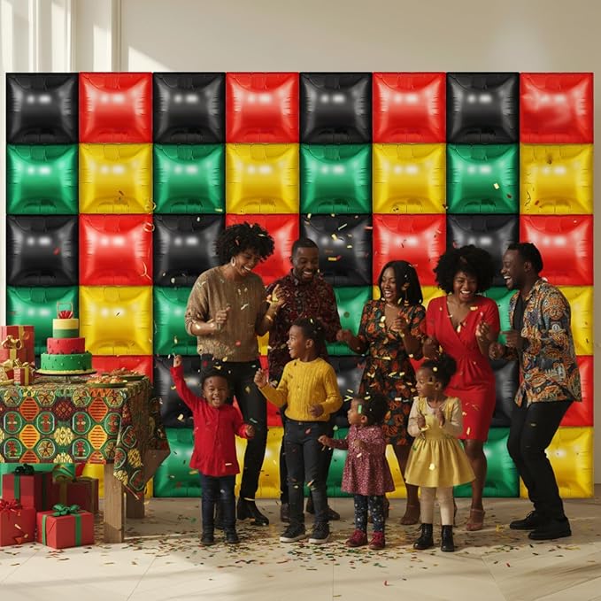 50 Pcs Juneteenth Party Decoration 19'' Double Sided Square Foil Balloons in Red Green Gold Black Juneteenth Backdrop 1865 Freedom Day Supplies African American Celebration Wall Backdrop