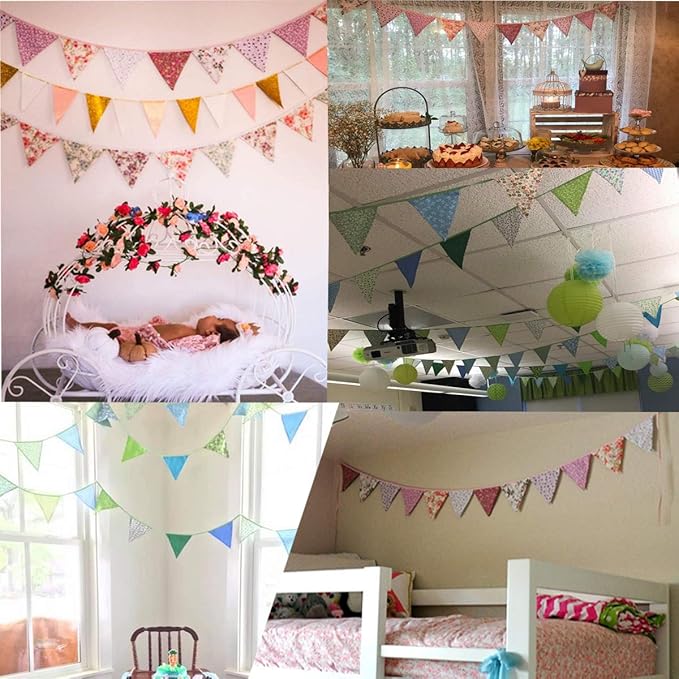 10M/32Ft Triangle Bunting Banner, 36 Pcs Cotton Fabric Flags Pennant Garlands for Birthday Party, Wedding, Baby Shower, Outdoor and Home Decorations (Yellow)