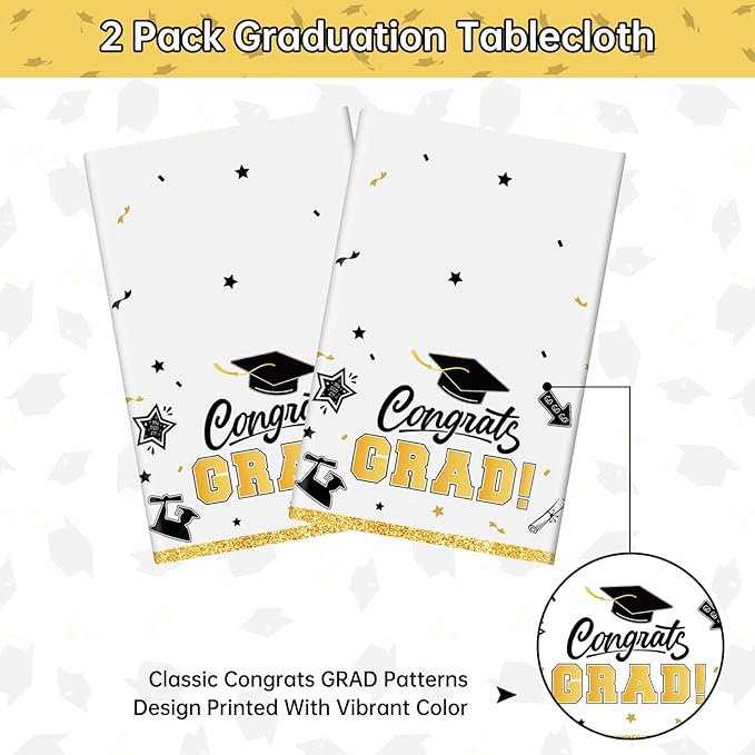 2 Pack White Graduation Tablecloth - Congrats Grad Table Cloths, Plastic Disposable Rectangle Class of 2026 Table Cover for Graduation Tables Decorations Party Decor Supplies Favors,108 x 54 Inch