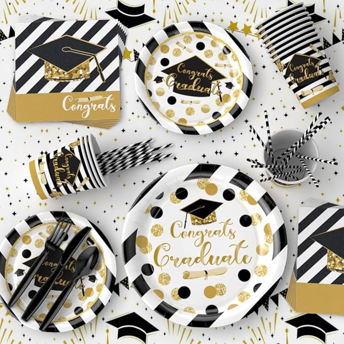 2025 Graduation Party Decor Supplies, 233-Piece Set for Graduation, Includes Disposable Dinnerware Like Plates, Cups, Napkins, Cutlery, Tablecloth, Balloons (Perfect for 25 Guests, Black & Gold Theme)