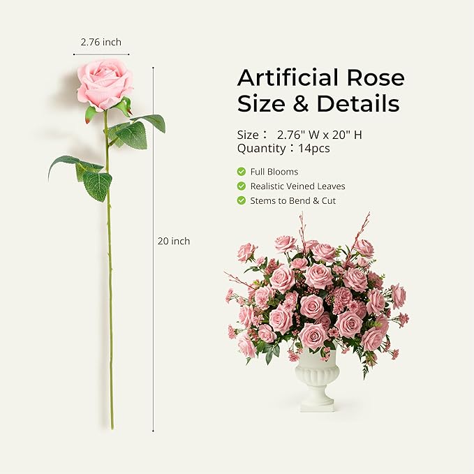 Auihiay 104PCS Pink Roses, Realistic Silk Velvet Pink Artificial Flowers, Real-Touch Fake Roses for Bridal Bouquet, Garden Party, Bedroom Decor, Home Decor, Valentine's Day, Wedding Centerpieces