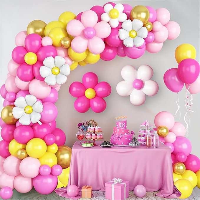 Yellow Pink Balloon Garland, Daisy Balloon Arch with Metallic Gold Party Flower Balloons For Birthday Baby Shower Wedding Groovy Theme Decorations