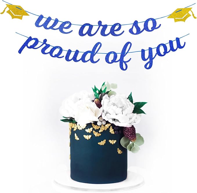 Navy-Blue White-Gold Party-Decoration Graduation Banner - 8pcs Kits Cap Garland Streamers, Paper Tissue Pom Poms Flowers,We are So Proud of You Grad Graduation 2026 Decor Lasting Surprise