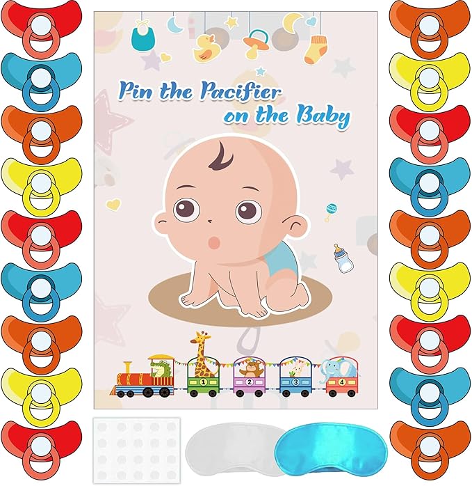 T-Antrix Pin The Pacifier on The Baby Game -Baby Shower Party Games with 21'' x 28'' Poster, Reusable Pacifiers Party Supplies for Kids Birthday Party Favor Sets