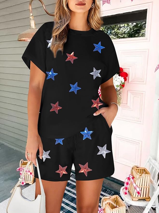 VILOVE 4th of July 2 Piece Sequin Outfits Women 250 Anniversary Usa Shirts and Short Sets Casual Patriotic Shirt Summer Set