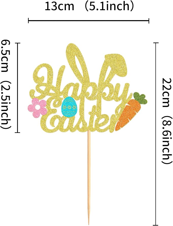 Ercadio 1 Pack Glitter Golden Happy Easter Cake Topper with Bunny Ear Easter Eggs Carrot Cake Pick for Easter Day Party Cake Decorations Table Centerpieces Supplies