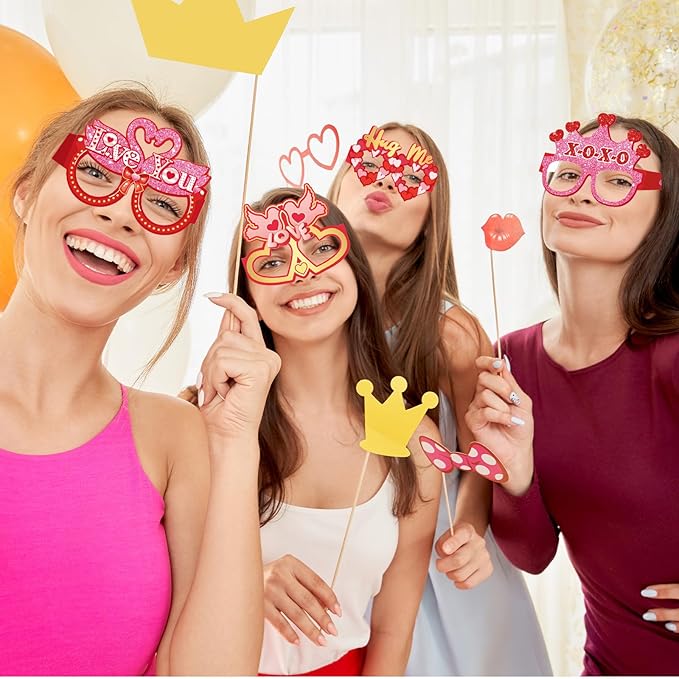 16Pcs Valentine's Day Party Glasses Frames, Sweet Valentine's Day Paper Glasses Valentines Eyeglasses Photo Booth Props for Valentines Party Decorations Supplies