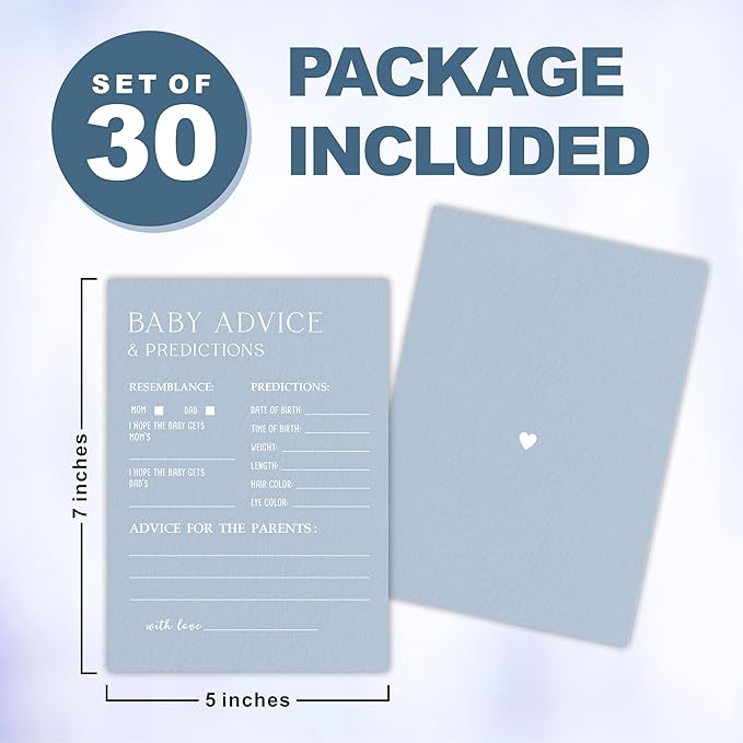 30 Minimalism Baby Shower Game Cards - Mist Blue - Baby Prediction & Advice - Fill In Style Game Set, Party Favor, Gender Reveal, Baby Announcement - A01