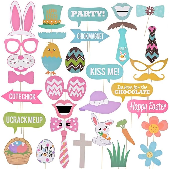 Easter Photo Booth Props,35Pcs Set of Happy Easter Egg Bunny Selfie Photobooth Props,Spring Photography for Easter Party Decorations