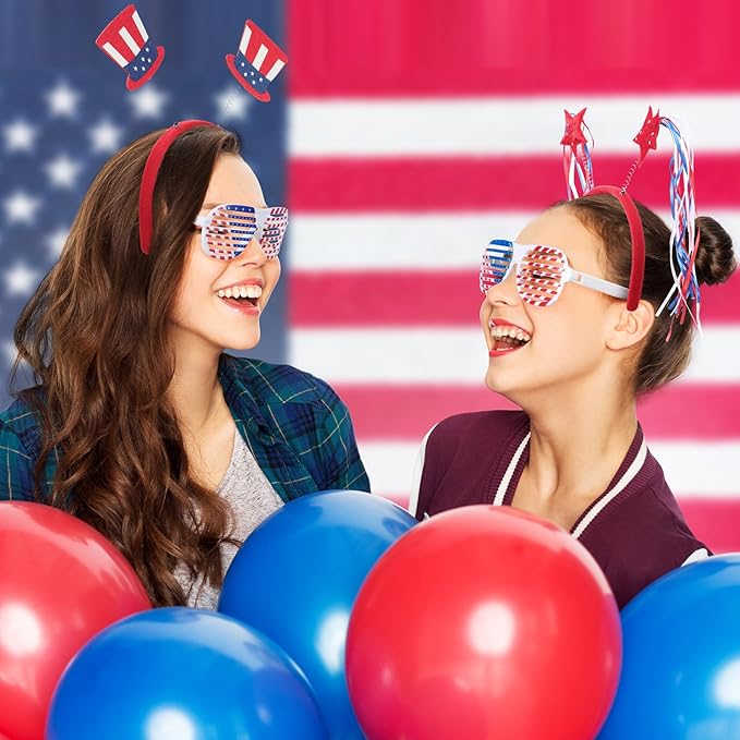 Honoson 48 Pcs 4th of July Accessories USA 250th Anniversary Party Favors Include 24 Patriotic Shutter Glasses 24 Head Boppers American Flag Sunglasses for Independence Day Veterans Day Supplies