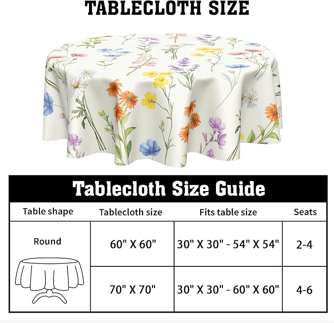 Spring Round Tablecloth Floral Circle Table Cloth 60 Inch Farmhouse Summer Wildflower Table Cover Washable Polyester for Home Kitchen Dinning Holiday Party Decor