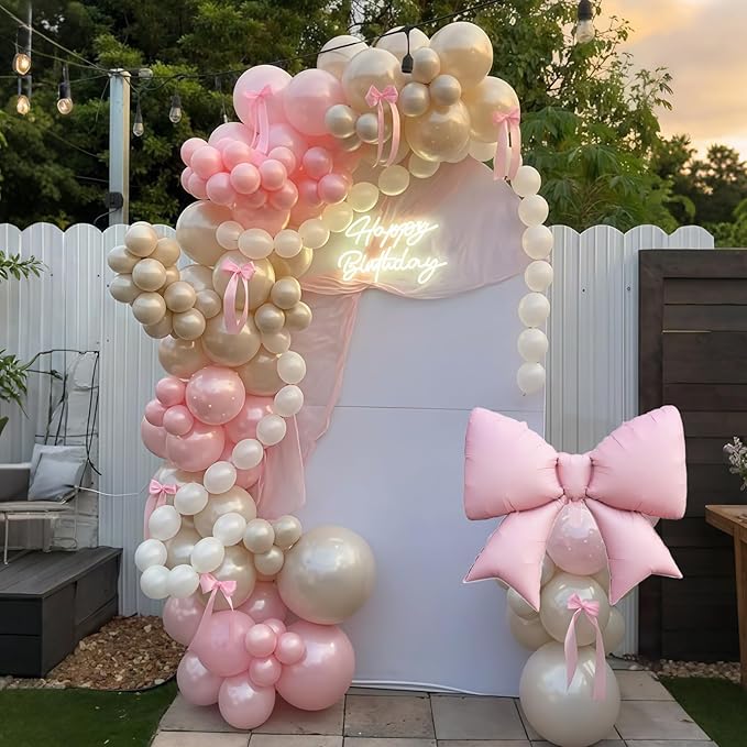 Double Stuffed Pearl White and Pink Balloon Arch Garland Kit, Pearl White Beige with Pink Bow Foil Balloons for Girls Women Wedding Bridal Baby Shower Bachelorette Coquette Birthday Party Decorations