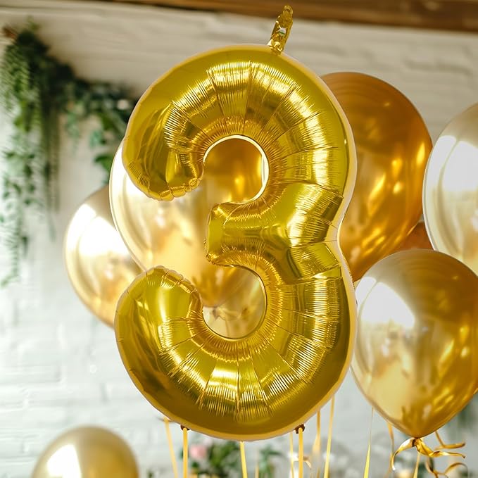 40 Inch Large Gold Number Celebration and Decoration Balloon for Birthday Parties, Graduations, Anniversaries, Weddings, Photo Shoots, Special Events - Helium Foil Mylar (Gold Number 3)