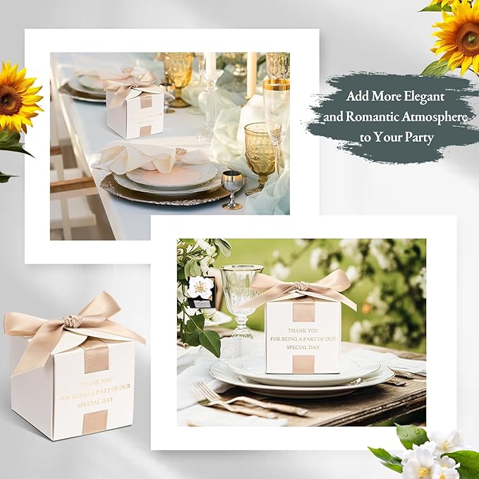 Marspark 50 Pcs Wedding Favor Boxes, 2.5 x 2.5 x 2.5 Inch Wedding Party Candy Boxes with Ribbons Bridal Gift for Guests Bridal Shower Birthday Party Anniversary Supplies(Gold)
