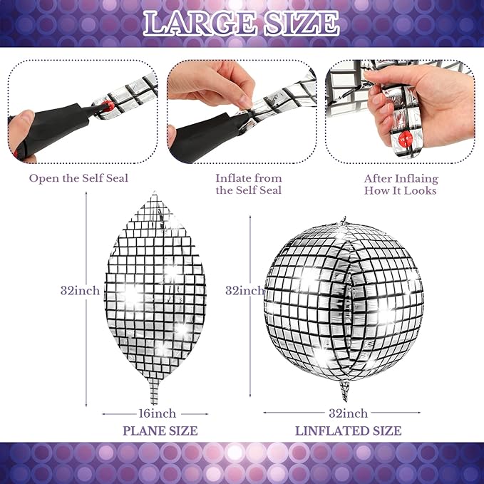 Leitee 18 Pcs 32 in Big Disco Ball Balloon 70s Disco Balloons Party Decoration Large 4d Aluminum Foil Inflatable Ball Giant Silver Metallic Mirror Decor for Baby Shower Wedding Birthday Dance Party